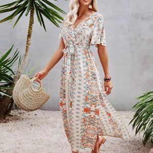 Boho Butterfly Sleeve Split Side Belted Dress